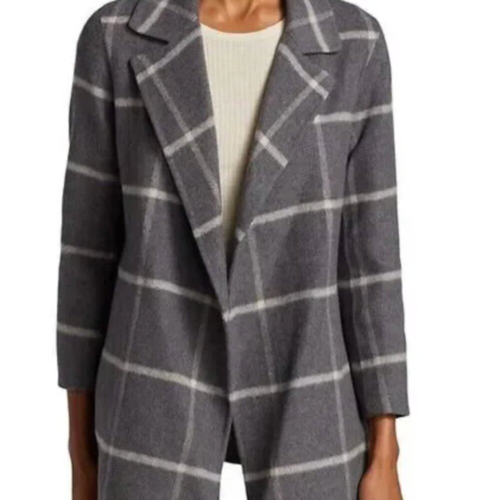 Theory Clairene Women's Gray Check Wool Blend Long Sleeve Open Front Coat Size S